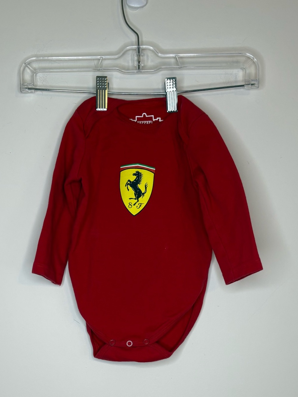 Ferrari Red Short Sleeve Kids one piece with Yellow Logo Print 9-12 Months
